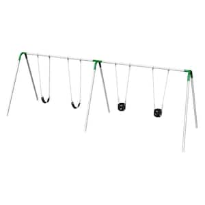 Double Bay Commercial Bipod Swing Set with 2 Tot Seats, 2 Strap Seats and Green Yokes