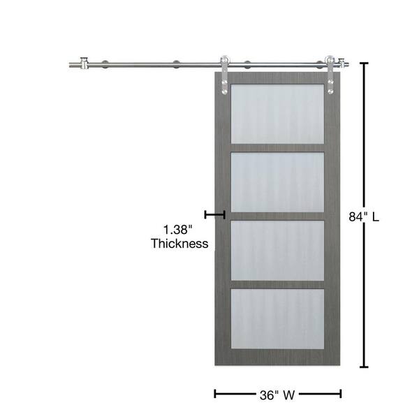 36 in. x 84 in. 4-Lite Driftwood Clear Coat Interior Sliding Barn Door with Round Stainless Steel Hardware Kit 36 in. x 84 in. 4-Lite Driftwood Clear Coat Interior Sliding Barn Door with Round Stainless Steel Hardware Kit