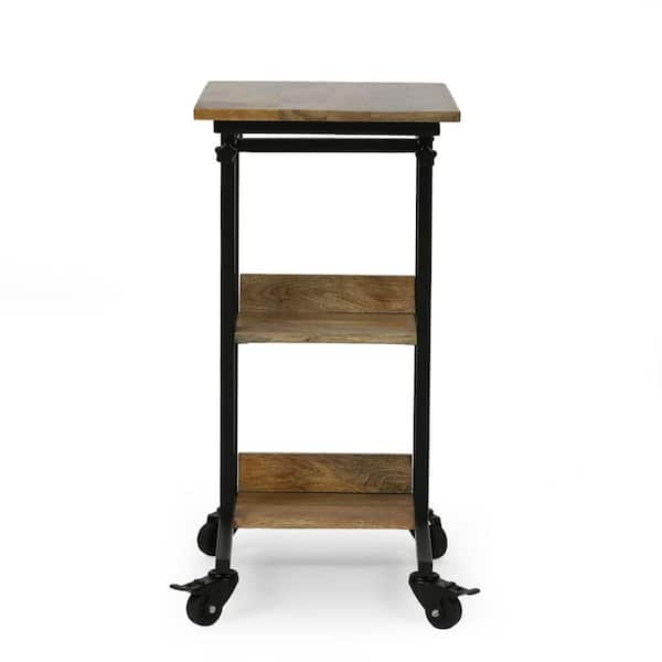 BOPOREA MEGO LLC Industrial C-Shaped Side Table with Mango Wood Top and Rolling Casters-Multi-Functional and Adjustable Design