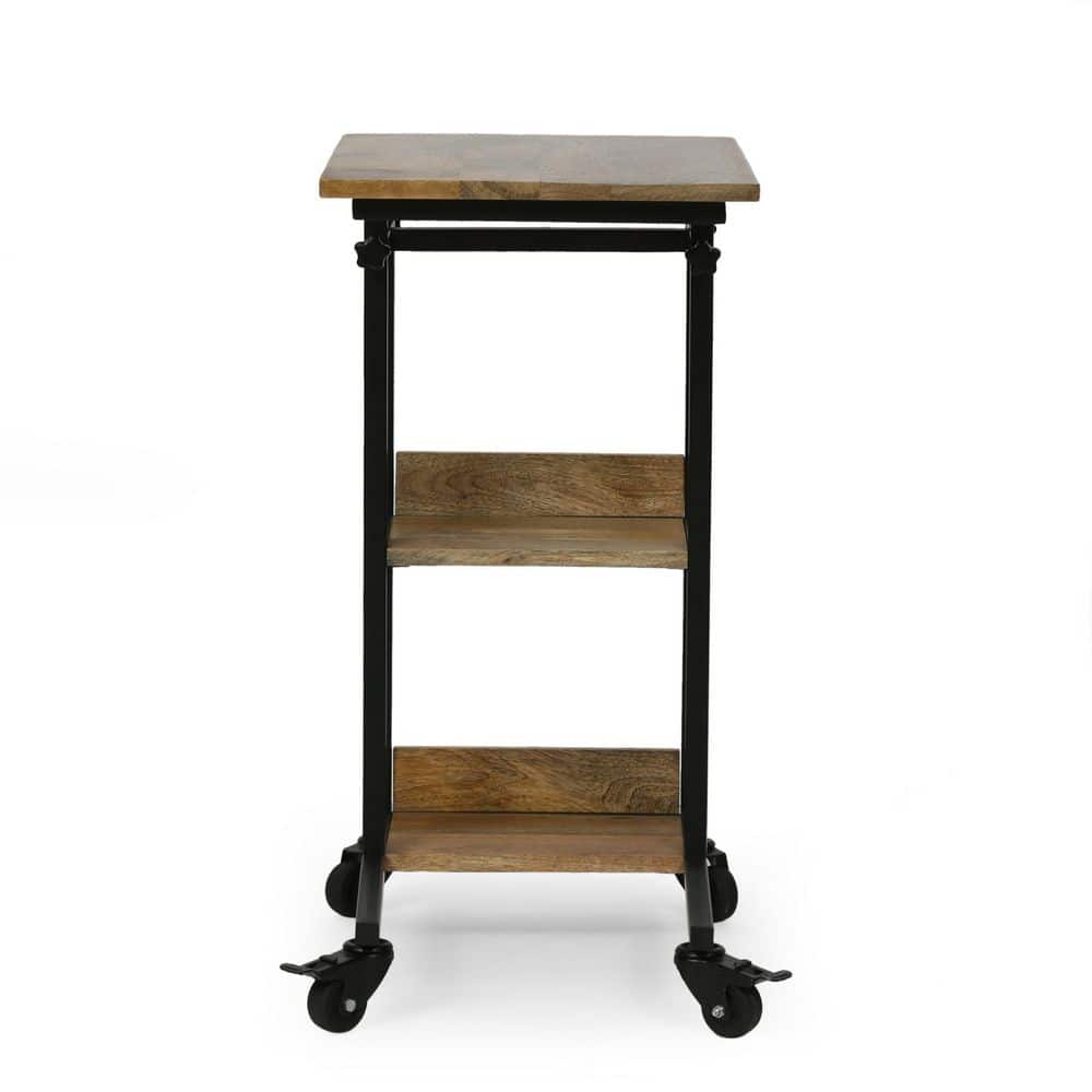 Industrial C-Shaped Side Table with Mango Wood Top and Rolling Casters-Mult