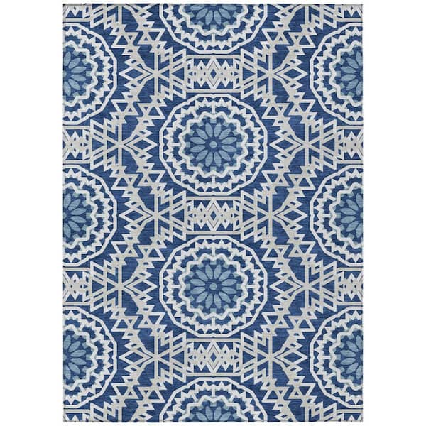 Navy Blue, Ivory, Gray 5 ft. x 8 ft. Woven Floral, Medallion Polyester Rectangle Indoor/Outdoor Area Rug