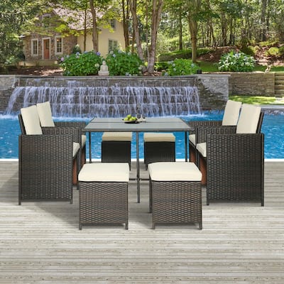 9-Piece Outdoor Rattan Wicker Patio Dining Table Set with Beige Cushions