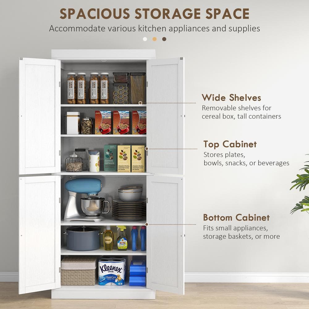 72" White Wood Grain Shaker Style Freestanding Kitchen Pantry Cabinet
