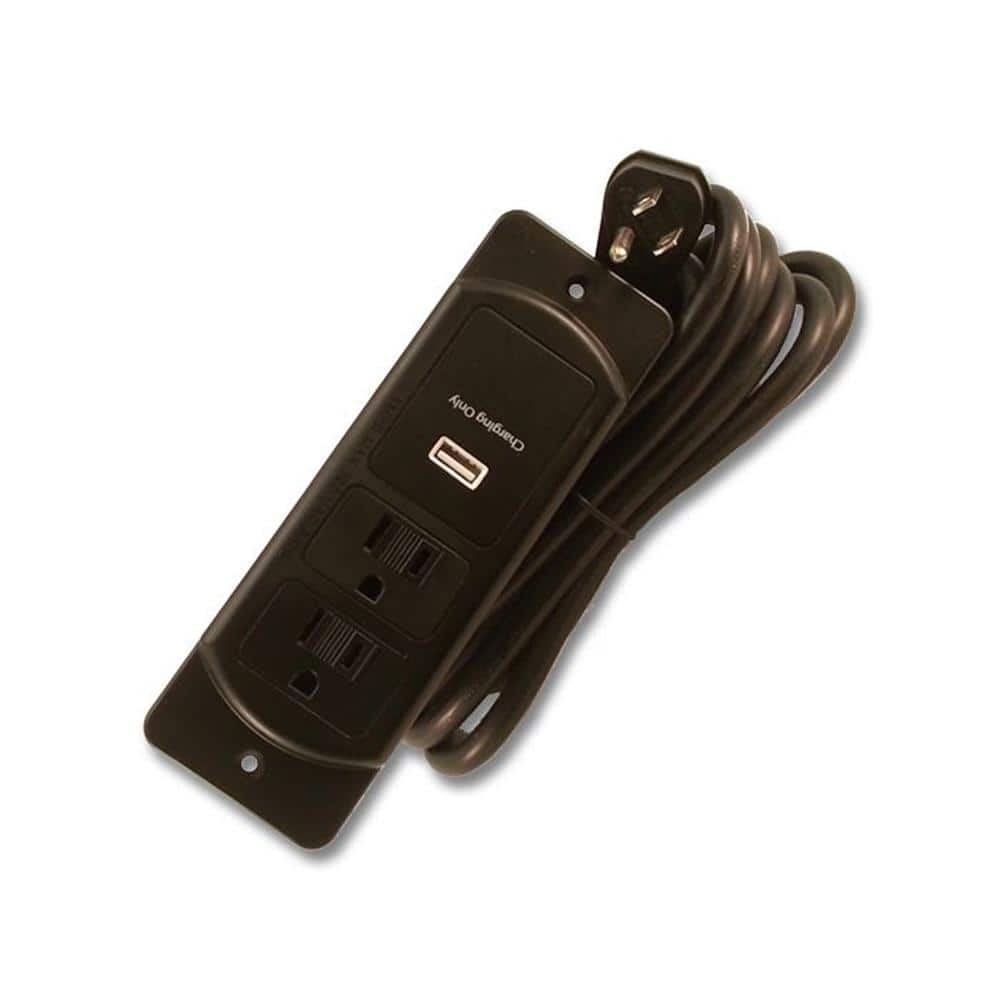 10 ft. 14/3 Black Power Supply Cord Recess Mount 2-Outlet with USB Port and