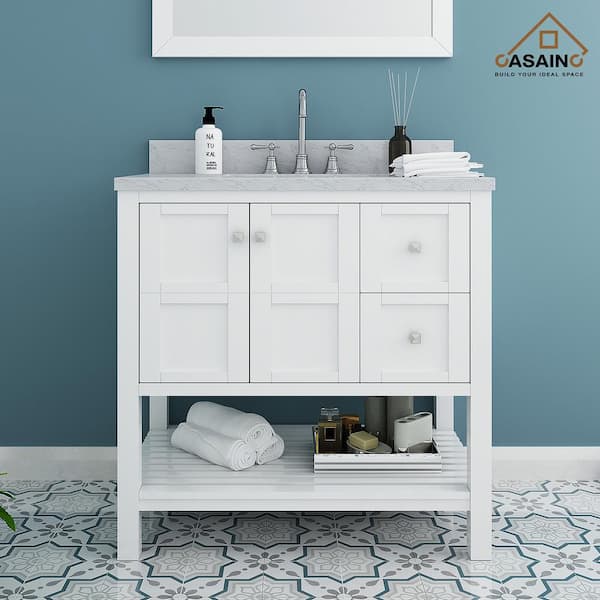 CASAINC 36 in. W x 22 in. D x 35.4 in. H Single Sink Solid Wood Bath Vanity in White with Carrara White Marble Top and Basin