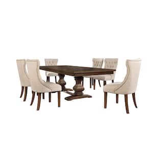 Karol 7-Piece Rectangular Wood Dining Table Set Beige Linen Fabric Chairs