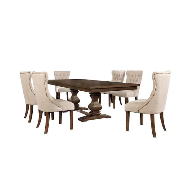 Best Quality Furniture Karol 7-Piece Rectangular Wood Dining Table Set Beige Linen Fabric Chairs