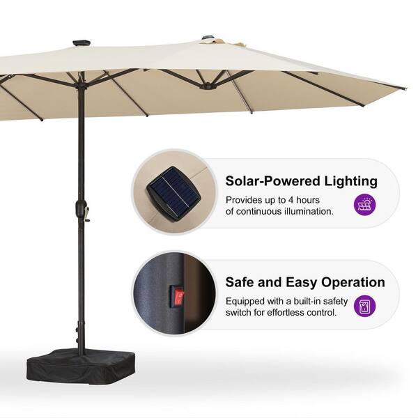 15 ft. Solar LED Lights Market Umbrella with Double-Sided Outdoor Patio Umbrellas with Base in Beige