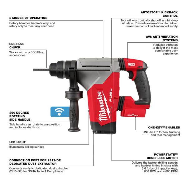 Milwaukee M18 FUEL 18V Lithium-Ion Brushless 1 in. Cordless SDS-Plus Rotary Hammer/Dust Extractor Kit with FUEL 4-1/2 In. Grinder
