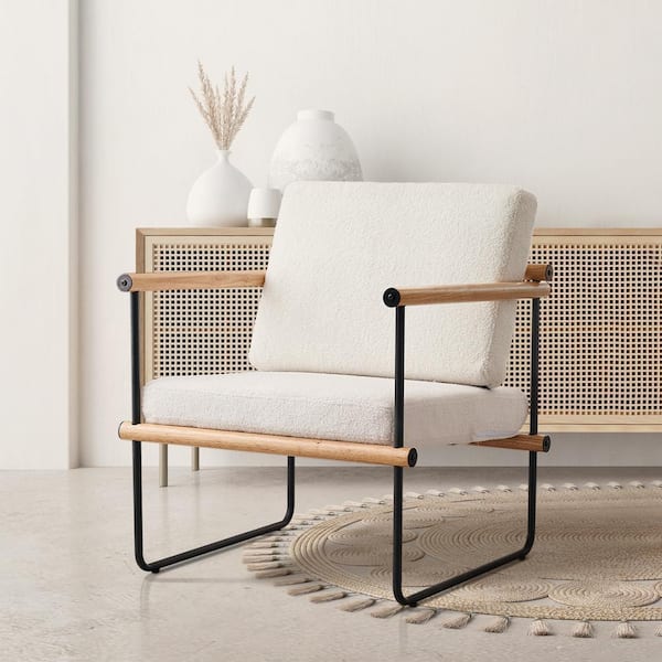 Hochwertiges Light Brown Sherpa Boucle Upholstered Accent Chair Armchair with Metal Frame and Solid Wood Armrests