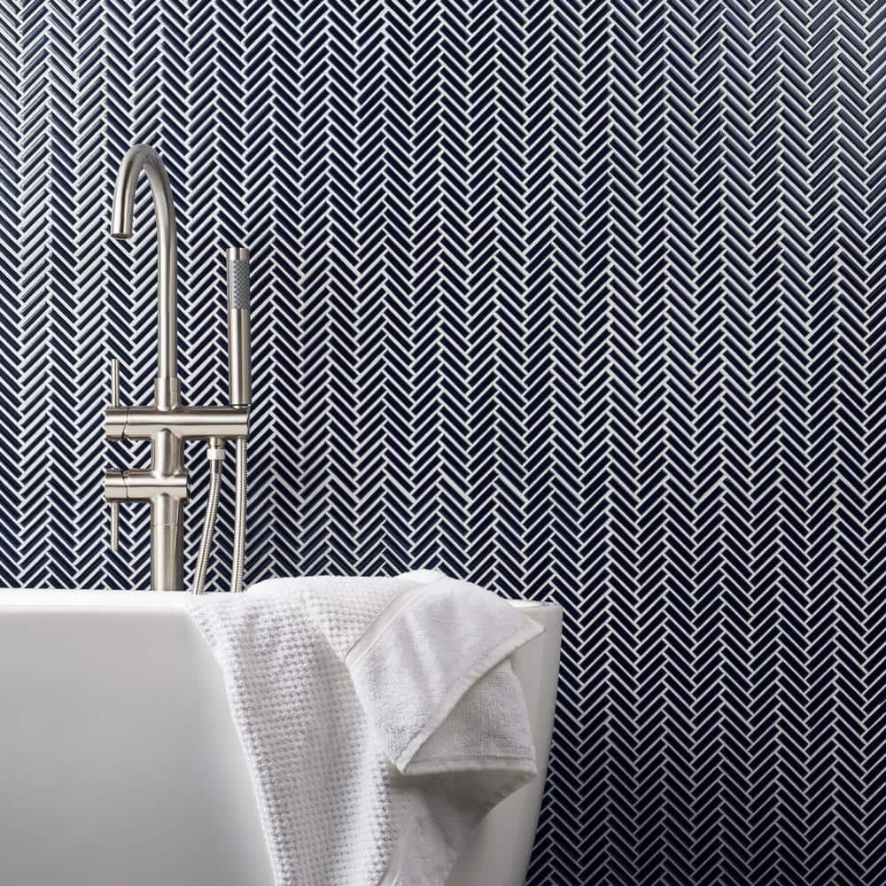 Royal Blue Glossy Porcelain Herringbone Mosaic Tile 11.14 in. x 11.14 in.