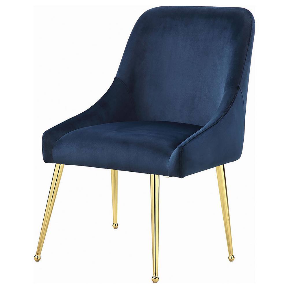 Dark Ink Blue Velvet Upholstered Side Chair with Brass Legs
