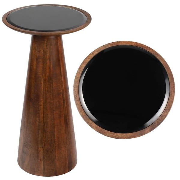 Linden 11 in. Farmhouse Industrial Mango Wood Drink Table with Round Black Glass Top and Cone Pedestal Base, Walnut