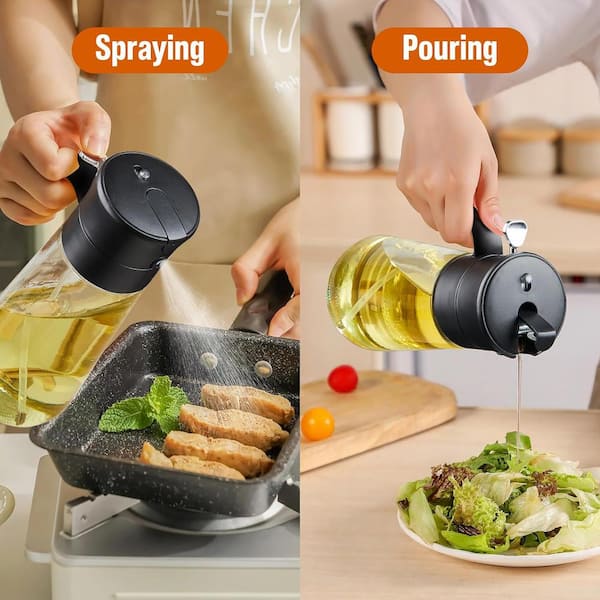 Adrinfly 2 in. 1 Glass Olive Oil Dispenser Bottle Oil Sprayer 18 oz. for Kitchen Cooking in Black (1-Pack)