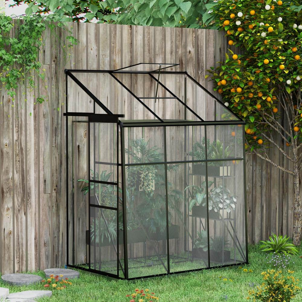 Outsunny Black Polycarbonate Lean-To Greenhouse with Sliding Door