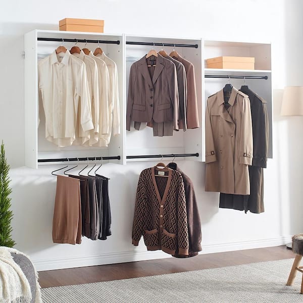 Devi Series 31.5-94. 5in. W White Modular Closet System Wall Mount Double Hanging Rods 1-Shelf Wood Closet System