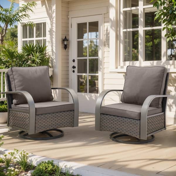 moosprr Brown Swivel Glider Wicker Outdoor Rocking Chair with Gray Cushions Curved Metal Armrest (2-Pack)