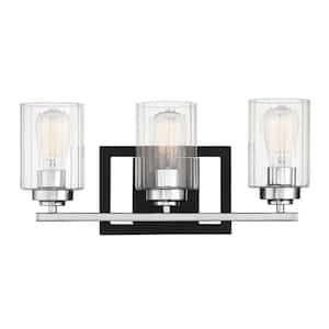 Redmond 20 in. W x 9.25 in. H 3-Light Matte Black/Polished Chrome Bathroom Vanity Light with Clear Glass Shades