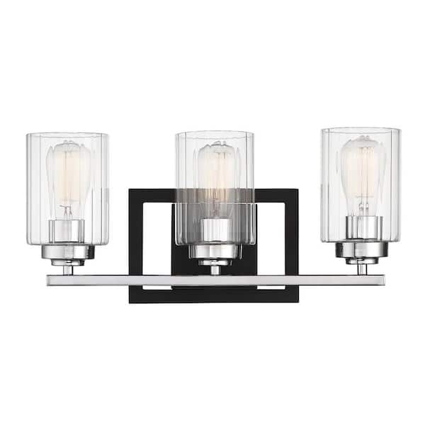 Savoy House Redmond 20 in. W x 9.25 in. H 3-Light Matte Black/Polished Chrome Bathroom Vanity Light with Clear Glass Shades