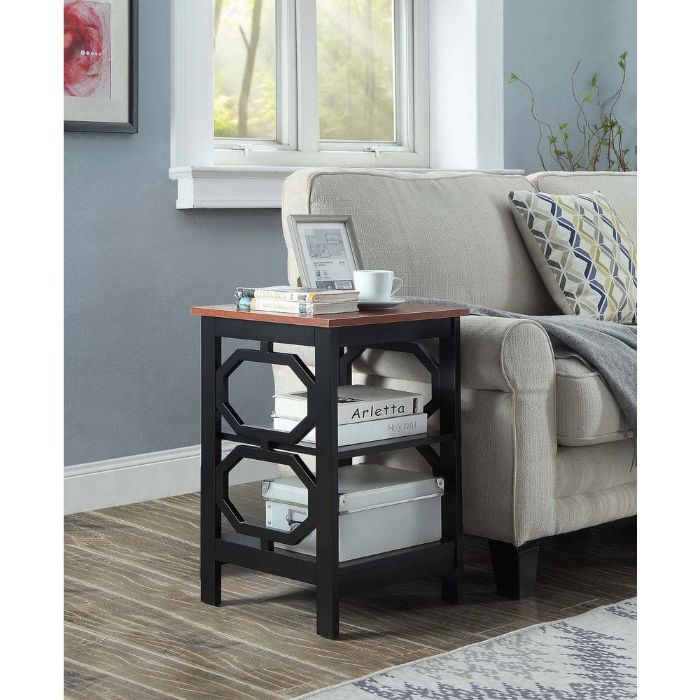 Round Cherry & Black Wood Omega End Table with Shelves