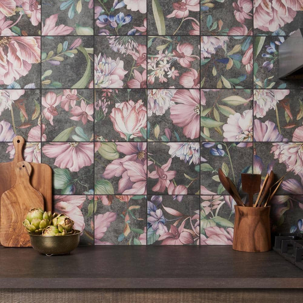 Angela Harris 8" x 8" Pink and Gray Porcelain Floral Wall Tile