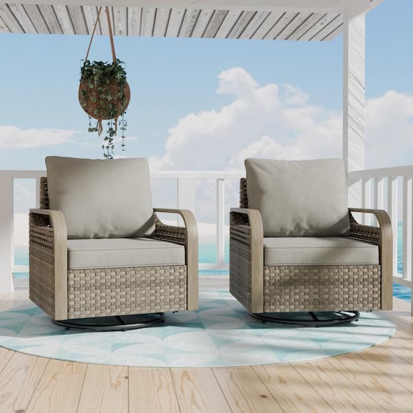 Brown Wicker Outdoor Rocking Chair Patio Swivel Chair with Gray Cushions 2 Pack