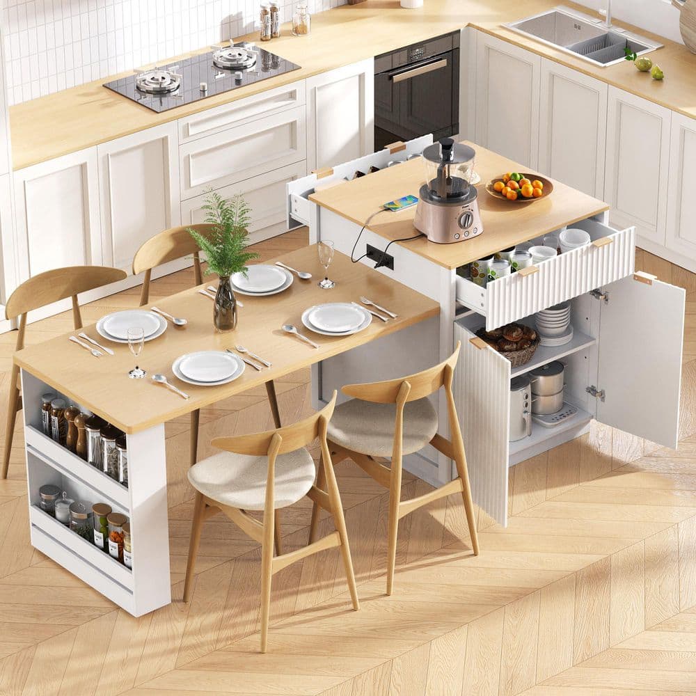 White Wood 82.6 in. Double Pedestal Extendable Dining Table Seats 6 with Kitchen Island, 2-Side Storage, Power Outlets