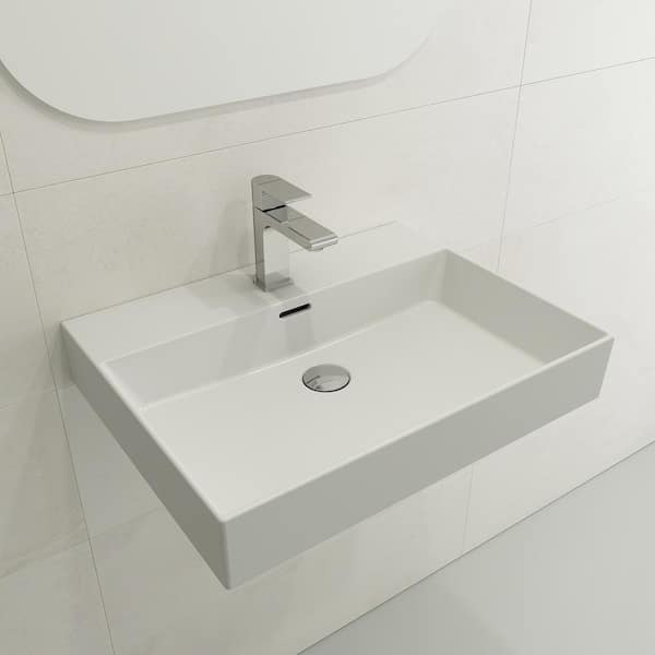 BOCCHI Milano Wall-Mounted Matte White Fireclay Bathroom Sink 24 in. 1-Hole with Overflow