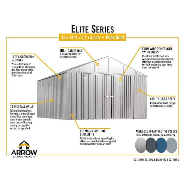 Arrow Elite Storage Shed 14 ft. W x 12 ft. D x 8 ft. H Metal Shed 168 sq. ft.