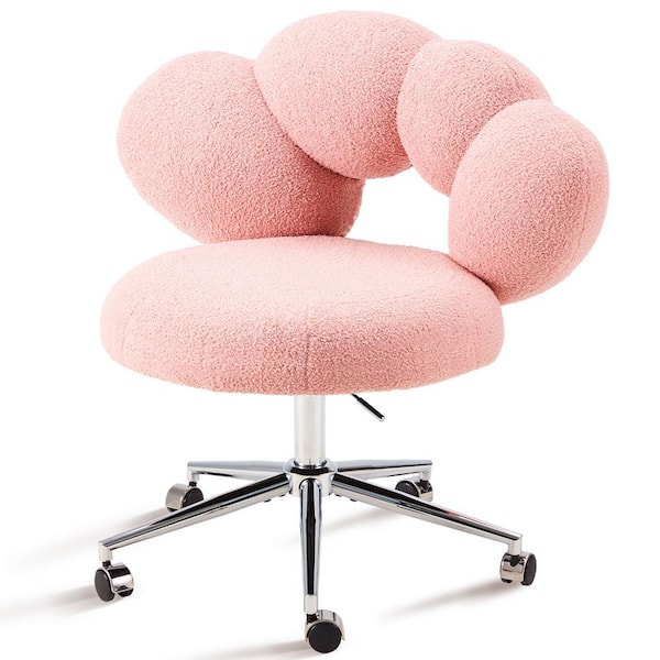Unbranded Metal Swivel Vanity Chair Height Adjustable Desk Chair on Wheels Outdoor Dining Chair with Teddy Velvet Pink Cushions