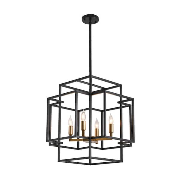 FramePicasso 59 in. 4-Light Chandeliers, Matte Black and Gold Vintage Rustic Cage Light Fixture Adjustable Height