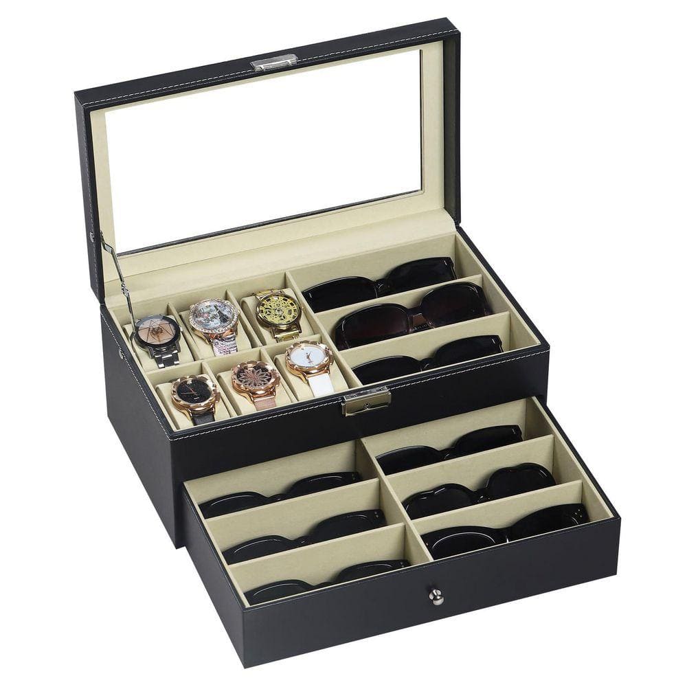6-Watch and 9-Glasses Storage Box-Lockable Leather Organizer