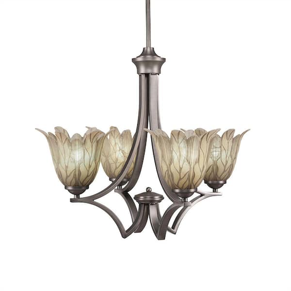 Unbranded Clevelend 4-Light Graphite Round Chandelier with 7 in. Vanilla Leaf Glass Shades, No bulbs included