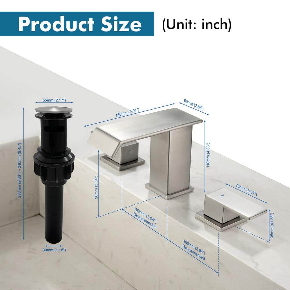 Brushed Nickel 8-Inch Widespread Waterfall Bathroom Faucet