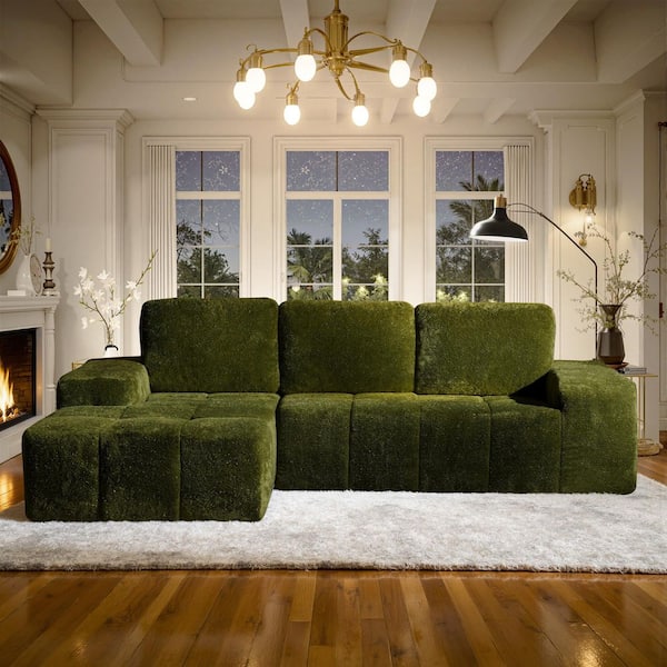 KALE 114 in. Wide Arm 2-Piece Modern Lurex Shimmer Velvet L-Shape Modular Sectional Sofa in Green with Left Chaise