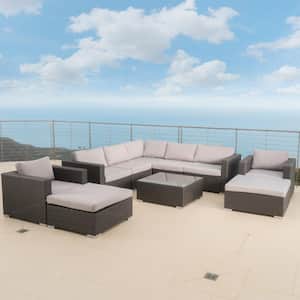 Gray 10-Piece Faux Rattan Outdoor Sectional, Ottoman and Table Set with Silver Cushions