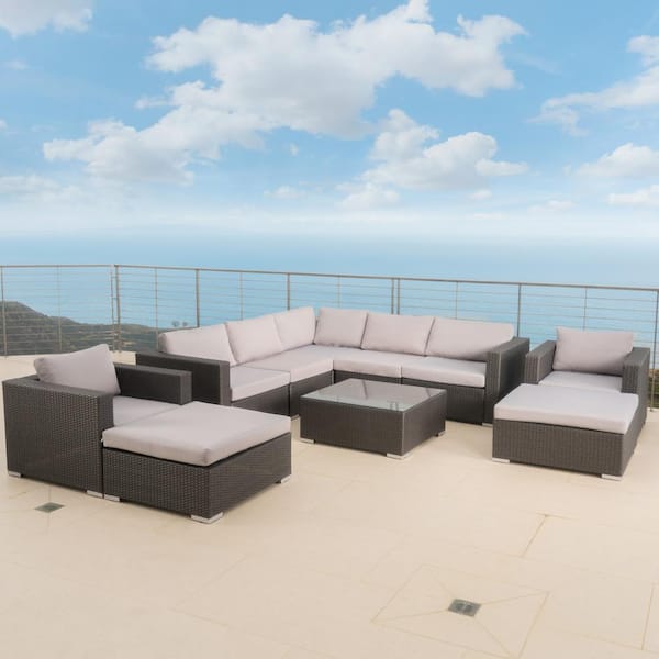 Noble House Gray 10-Piece Faux Rattan Outdoor Sectional, Ottoman and Table Set with Silver Cushions