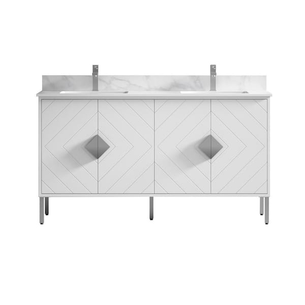 TENNANT BRAND Eilee 60 in. W x 22 in. D x 33.25 in. H Double Sink Bathroom Vanity in White with Fairy White Quartz Top