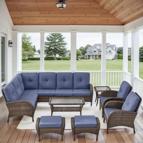 Carlos 8-Piece All-Weather Brown Wicker Patio Conversation Set with Blue Cushions and Coffee Table