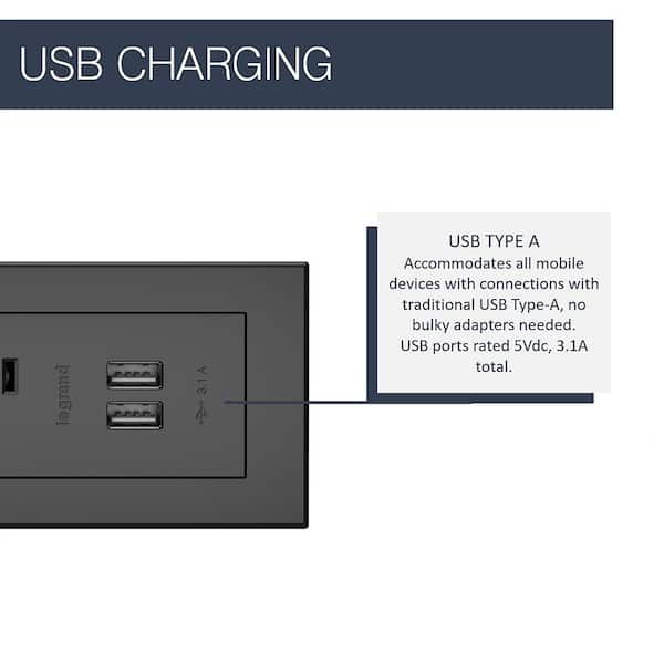 radiant 15 Amp Black 2-Outlet and 2 Type A USB Recessed Furniture Power Strip with 10 Ft. Cord