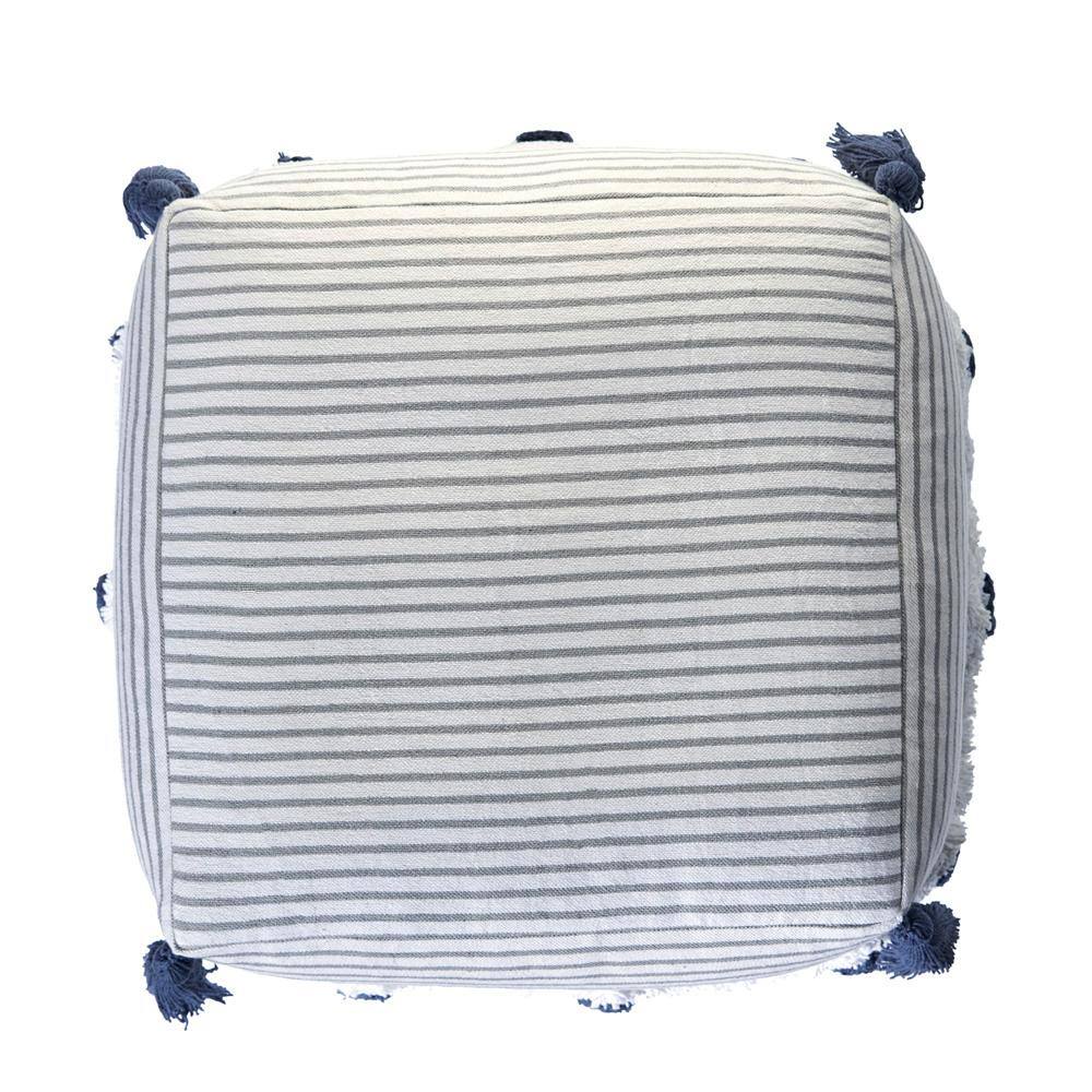 Gray and Ivory Striped Tufted Cotton Pouf Ottoman, 18"x18"x14"
