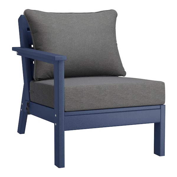 Birchwood Outdoor Patio Deep Seating Left Facing Arm HDPE Lounge Chair in Navy Blue with Grey Cushions