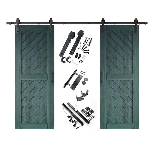 XT1 26 in. x 80 in. C-Panel Royal Pine Slanted Stripe Design Double Pine Wood Sliding Barn Door with Hardware Kit