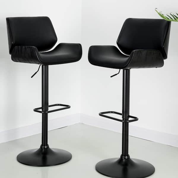 Glitzhome Mid Century Black Modern, Adjustable White Bar Stools Set Of 2 Faux Leather Modern With Swivel