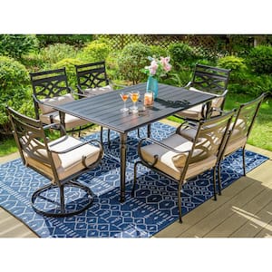 Black 7-Piece Metal Patio Outdoor Dining Set with Black Frame Slat Table and Swivel Chair with Beige Cushions