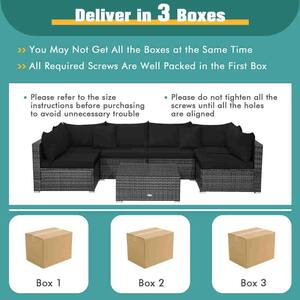 7-Piece Patio Rattan Furniture Set Sectional Sofa Cushioned Garden Black