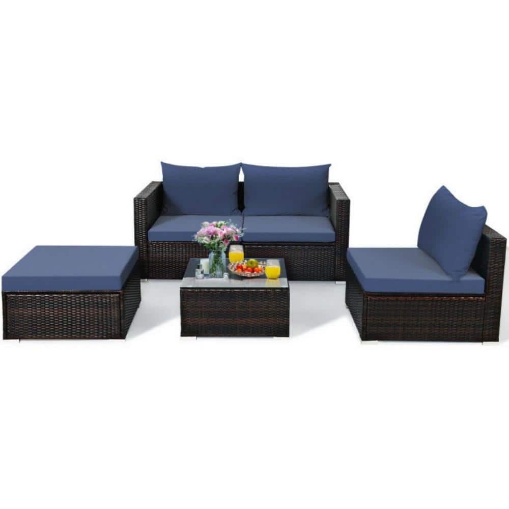 Navy Cushioned 5-Piece Brown Aluminum Patio Set