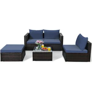 5-Piece Wicker Patio Conversation Set Rattan Sectional Furniture Set with Navy Cushions and Coffee Table