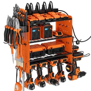16 .6 in. Modular Power Tool Organizer with Charging Station, 150 lbs. Wall Mount Garage with hooks, Orange