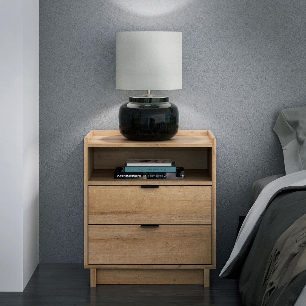 Prepac Simply Modern Natural Oak 2-Drawer 23.75 in. W Nightstand, Open Shelf Night Stand Bedside Table, Bedroom Table ODNR-1802-1